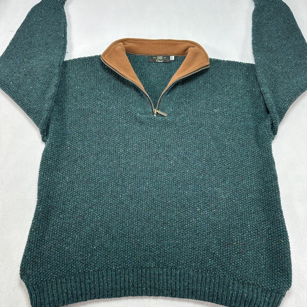 Vintage Orvis Sweater Mens 2XL Green Fleck Wool 1/4 Zip Chunky Knit Pullover USA